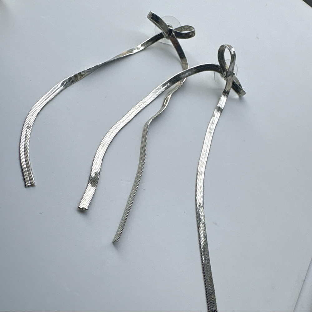 Silver Ribbon Drop Earrings - Picture 3 of 4